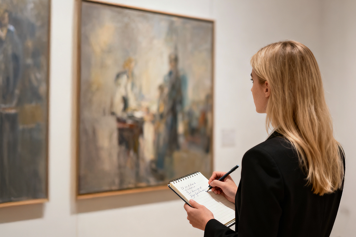 jeune femme prend des notes devant un tableau dans un musée